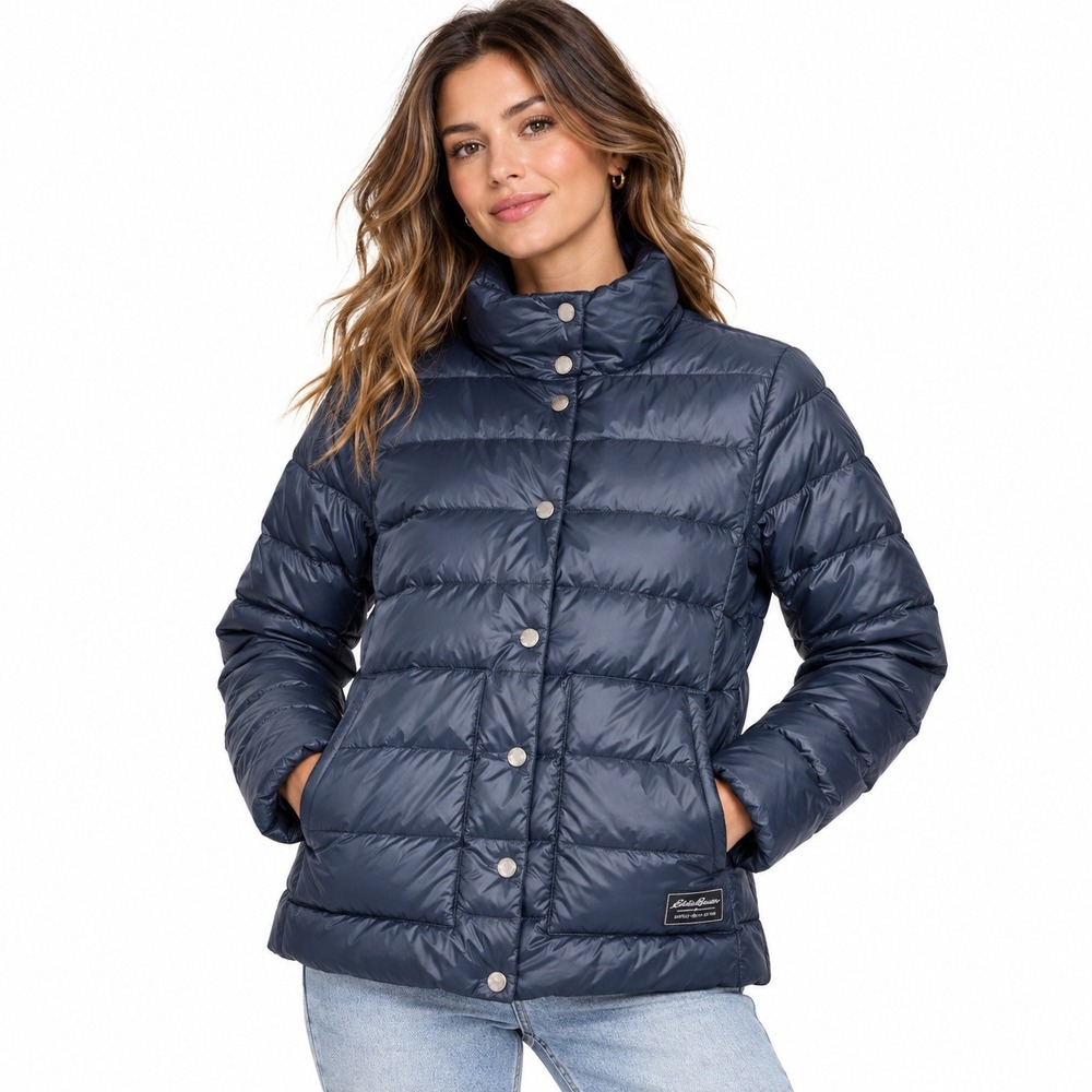 Eddie Bauer Puffer Jacket Womens L Navy Blue Quilted Down Insulated Lightweight
